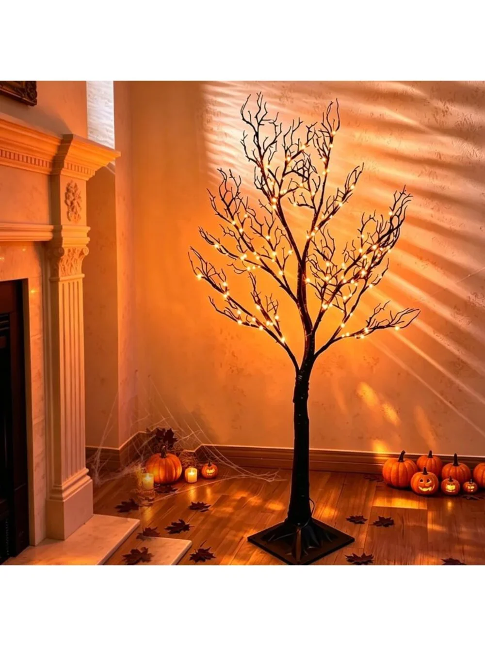 Spooky 4FT Halloween Tree Lights - 150 Orange LED, Plug-In Black Outdoor Decor